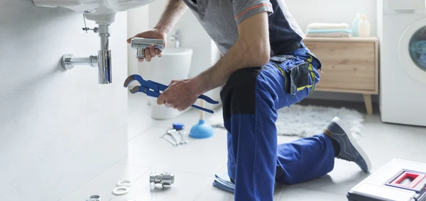 Atelier intérieur avec ceinture à outils en cuir marron contenant divers outils de plomberie et maintenance sur surface bois foncé